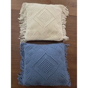 Pair Of Crochet Throw Pillows Blue And‎ Off White Cream Diamond Afghan Style